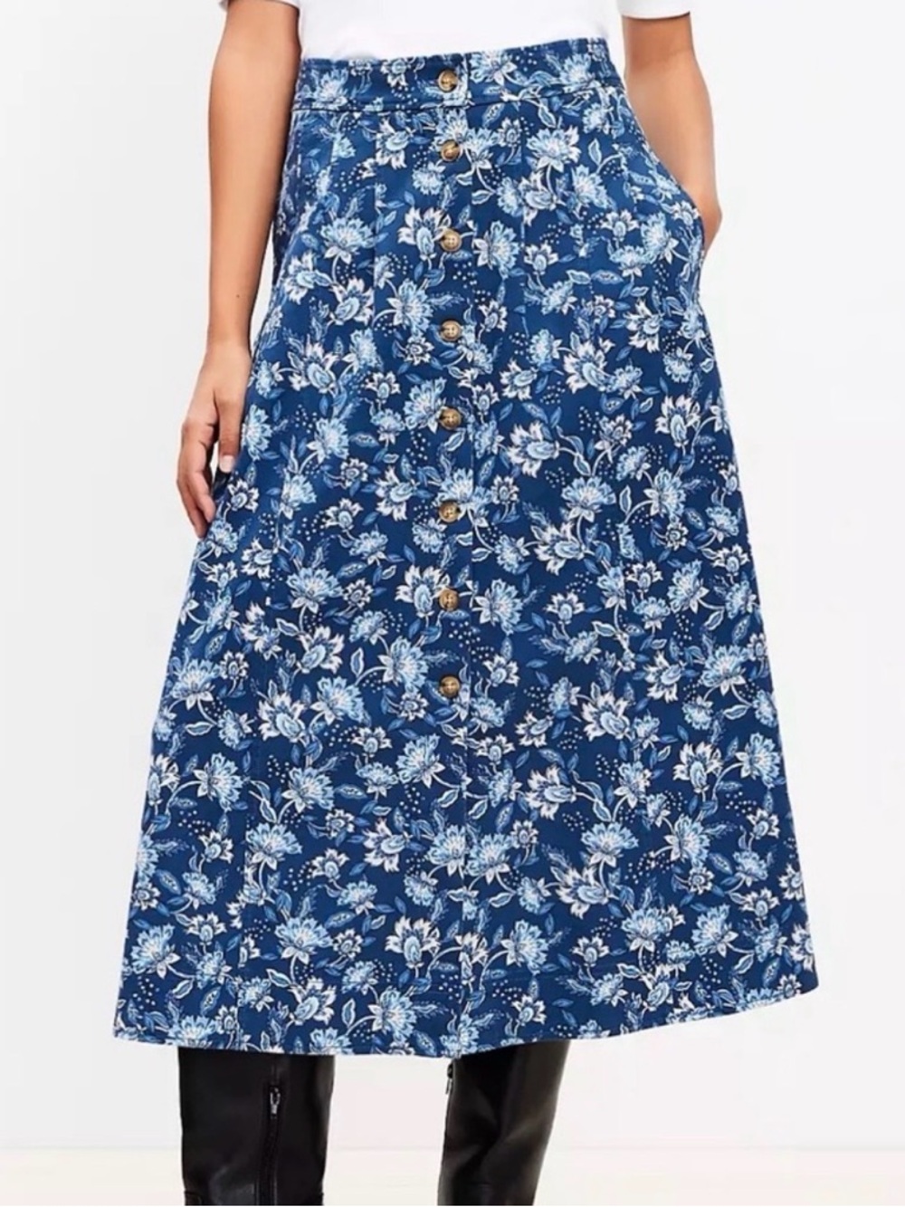 I Blue Floral Button-Front A-Line Soft Denim Skirt NWT